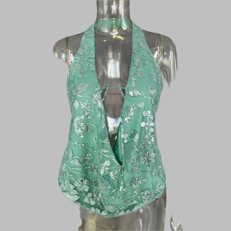 Sequin Backless Halter Top | Sexy Mesh Party Top