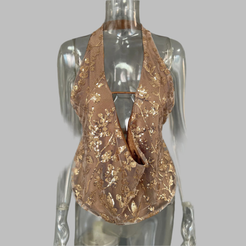 Sequin Backless Halter Top | Sexy Mesh Party Top