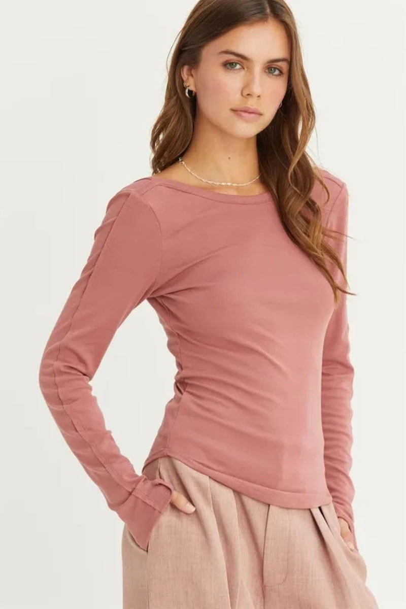Backless Long Sleeve Top in Clay