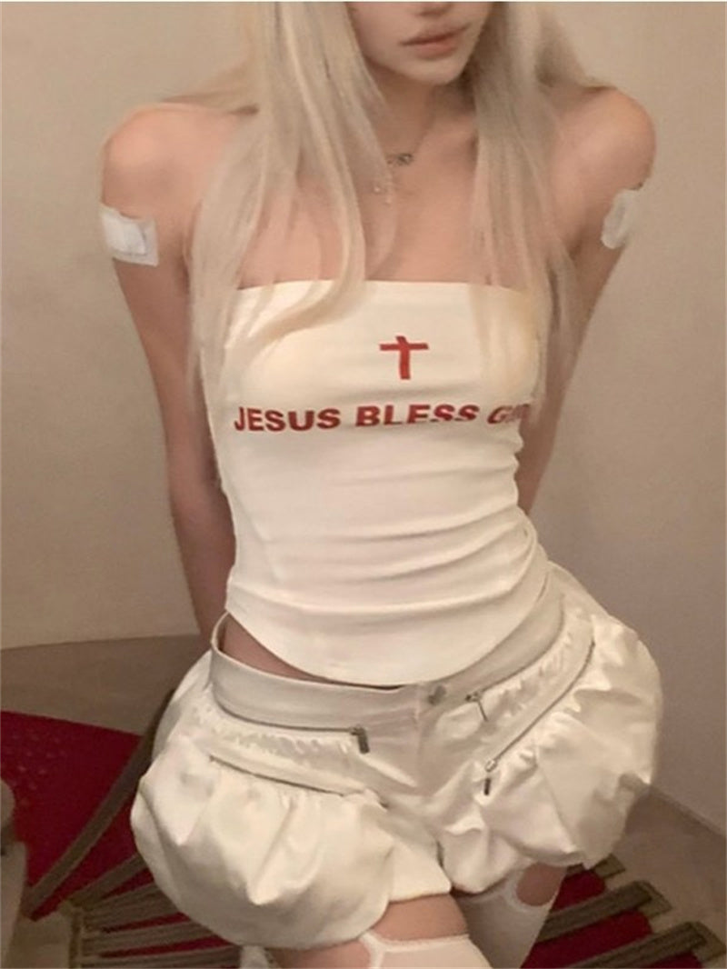 Liber Summer Women's Backless Letters Tank tops&Camis