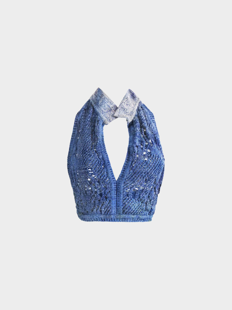 Christian Dior SS 2000 Runway Denim Blue Crochet Backless Halter Top