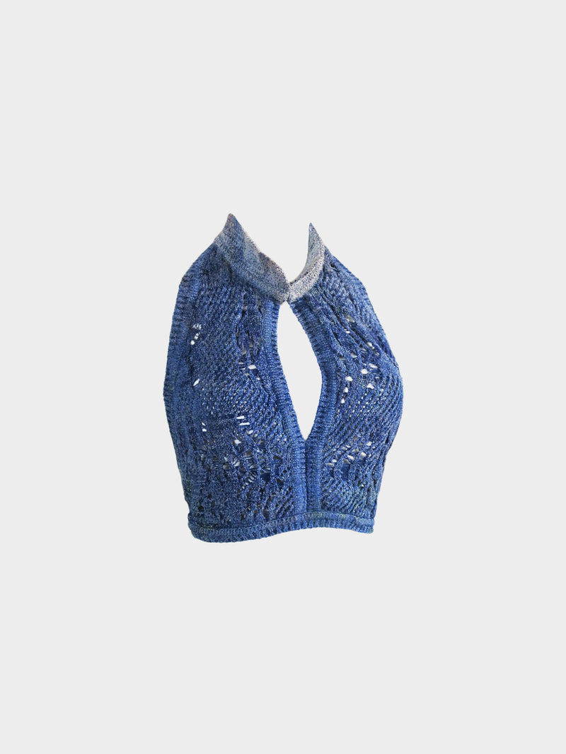 Christian Dior SS 2000 Runway Denim Blue Crochet Backless Halter Top
