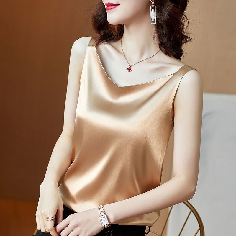 Sleeveless Faux Satin Silk Tank Tops Women Summer Backless Camisole Spaghetti Strap Top Women Halter V Neck Basic White Cami