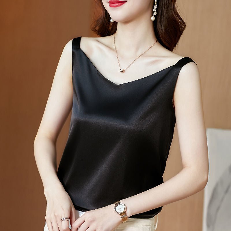 Sleeveless Faux Satin Silk Tank Tops Women Summer Backless Camisole Spaghetti Strap Top Women Halter V Neck Basic White Cami