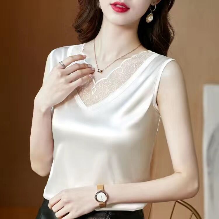 Sleeveless Faux Satin Silk Tank Tops Women Summer Backless Camisole Spaghetti Strap Top Women Halter V Neck Basic White Cami