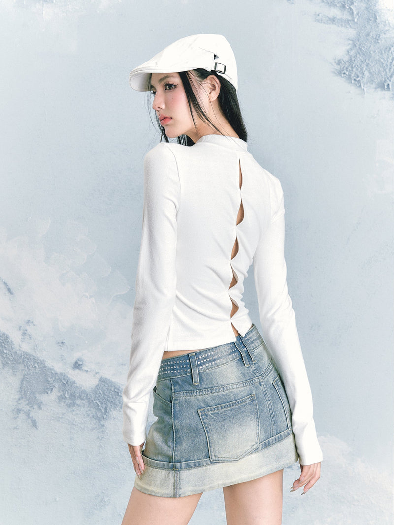 Rhinestones Backless Long-Sleeve T-Shirt
