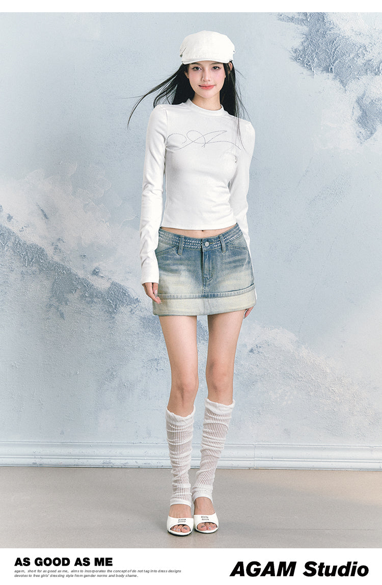 Rhinestones Backless Long-Sleeve T-Shirt