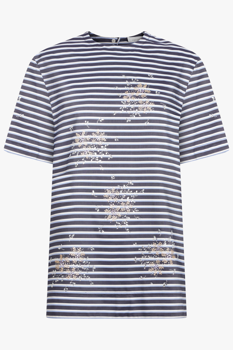 Backless Stripe S/S T-Shirt with Silver Motif | Blue/White