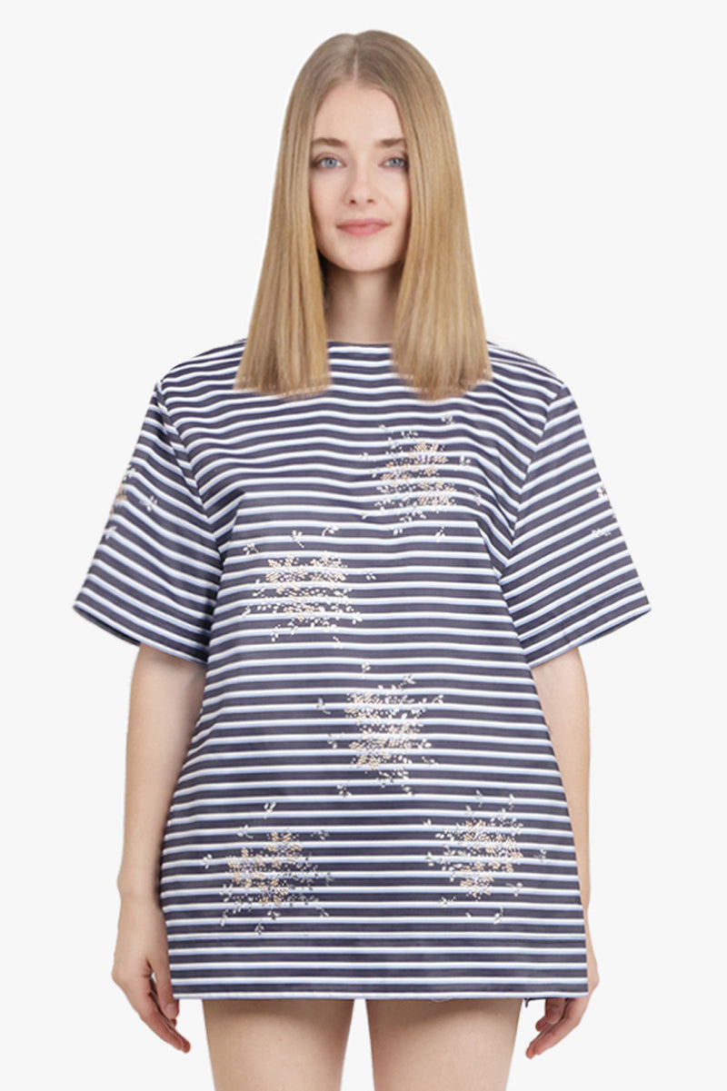 Backless Stripe S/S T-Shirt with Silver Motif | Blue/White