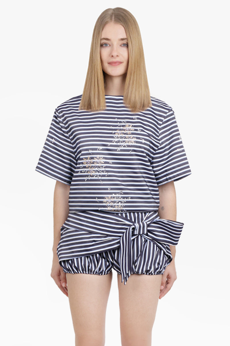 Backless Stripe S/S T-Shirt with Silver Motif | Blue/White