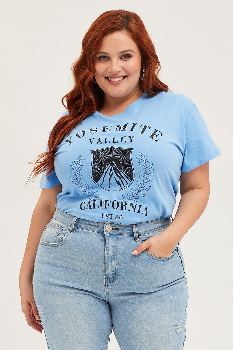 Blue Crop T-shirt Mountain Short Sleeve Cotton Semi