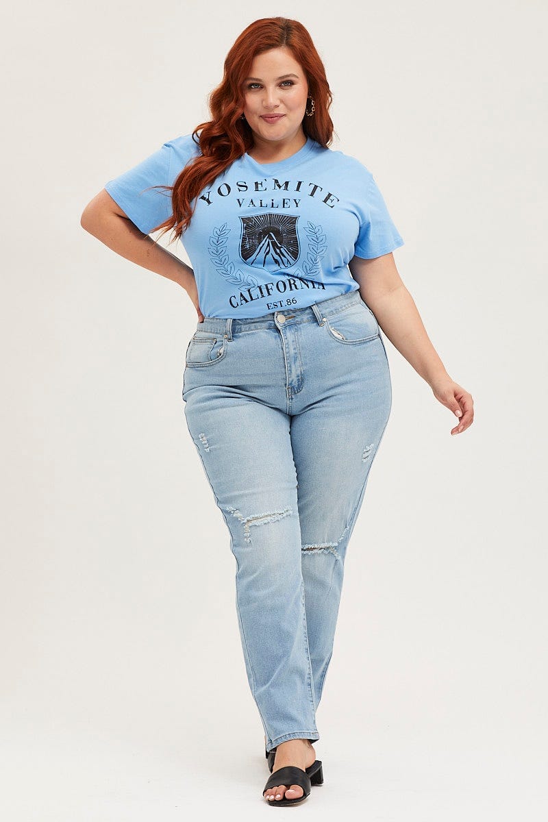 Blue Crop T-shirt Mountain Short Sleeve Cotton Semi