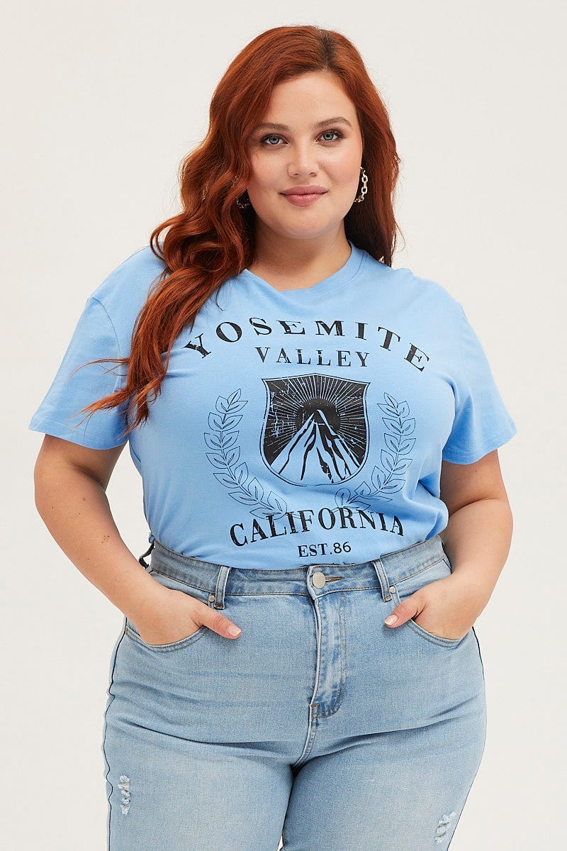 Blue Crop T-shirt Mountain Short Sleeve Cotton Semi