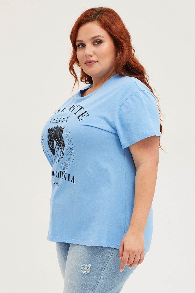 Blue Crop T-shirt Mountain Short Sleeve Cotton Semi