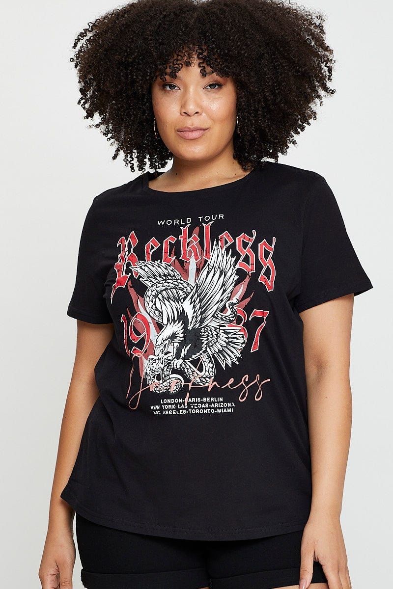 Black Graphic T-shirt Eagle Rock Crew Neck Short Sleeve