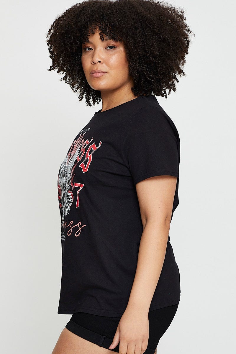 Black Graphic T-shirt Eagle Rock Crew Neck Short Sleeve