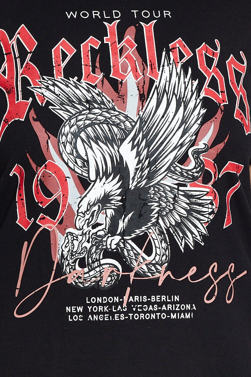 Black Graphic T-shirt Eagle Rock Crew Neck Short Sleeve