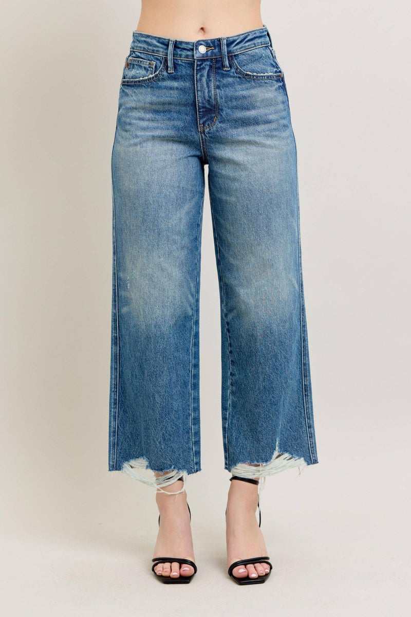 Judy Blue High Waist Rigid Magic Destroy Hem Crop Wide Leg Denim Jeans 88963