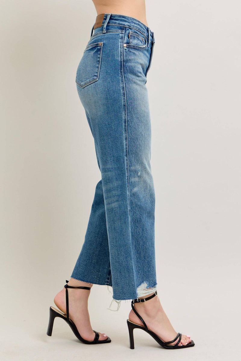 Judy Blue High Waist Rigid Magic Destroy Hem Crop Wide Leg Denim Jeans 88963