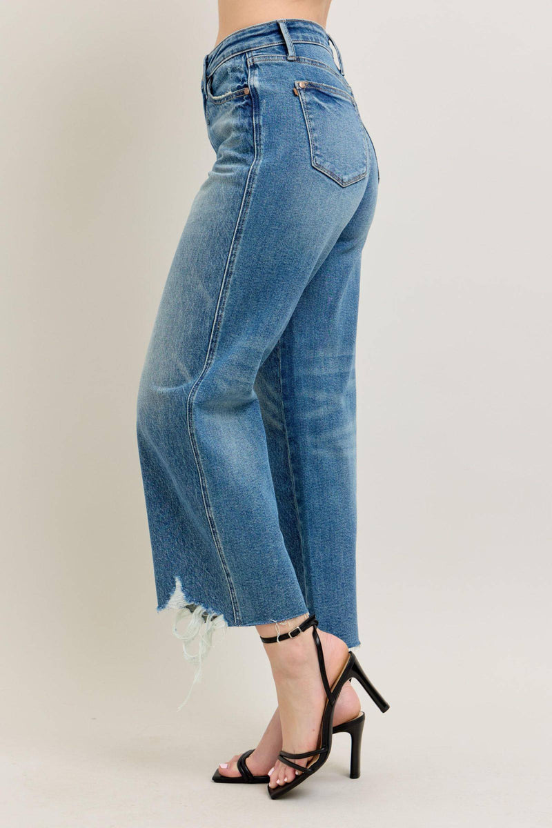 Judy Blue High Waist Rigid Magic Destroy Hem Crop Wide Leg Denim Jeans 88963