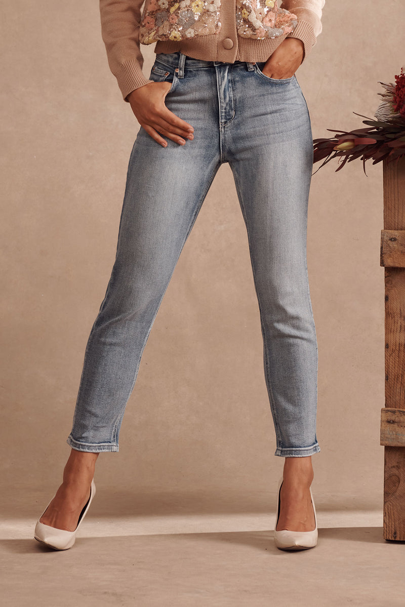 Ace Mid Rise Straight Leg Jean In Mid Blue Denim