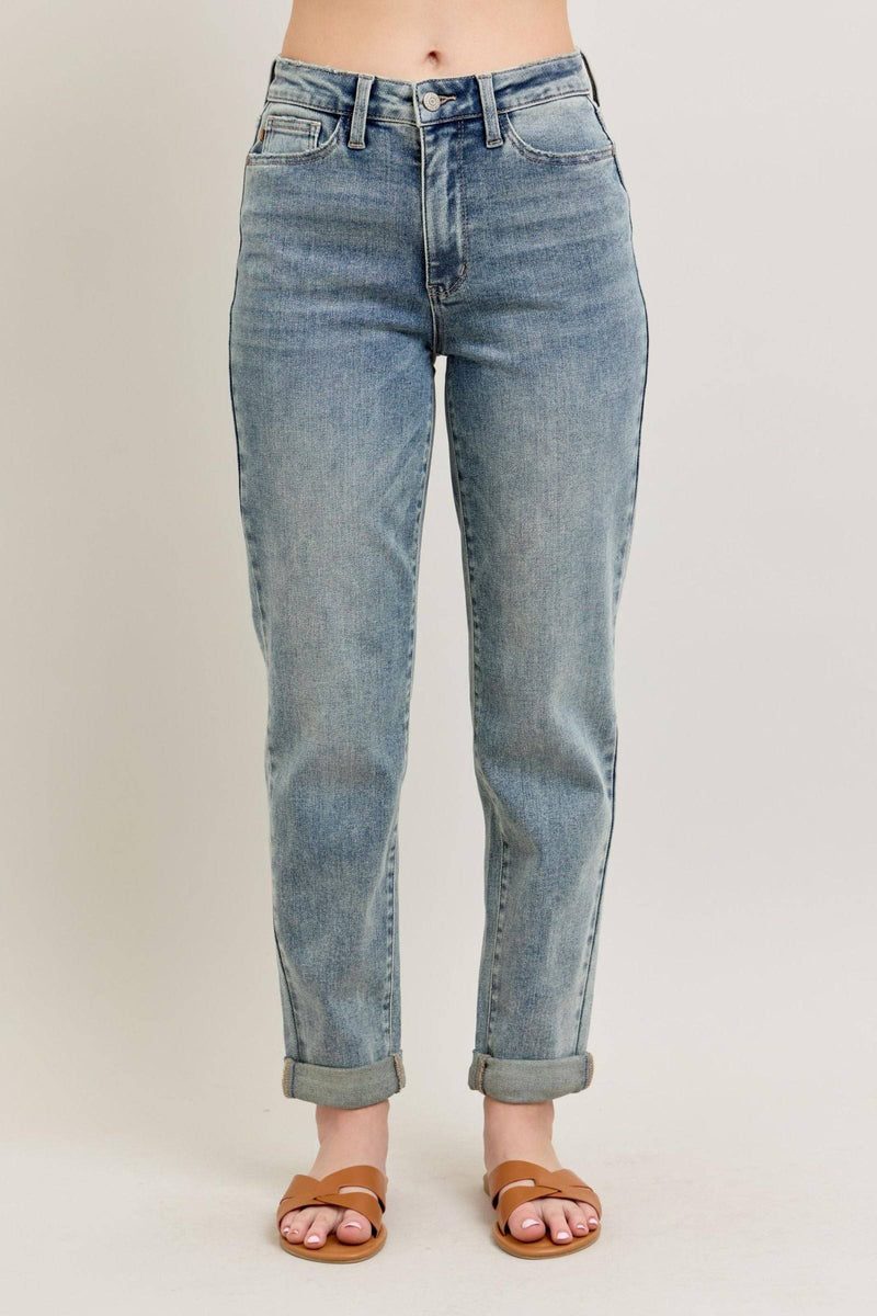Judy Blue High Waist Vintage Wash Double Roll Cuff Boyfriend Denim Jeans 88927