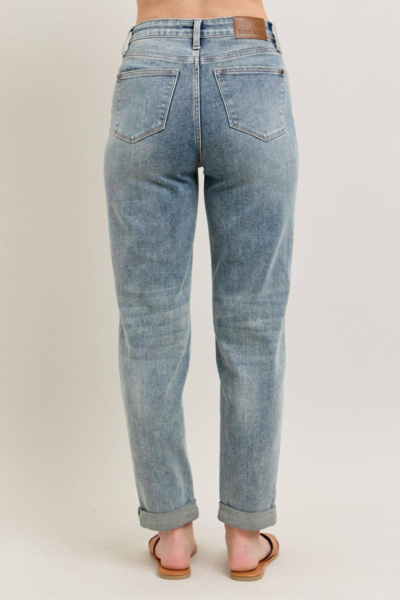 Judy Blue High Waist Vintage Wash Double Roll Cuff Boyfriend Denim Jeans 88927