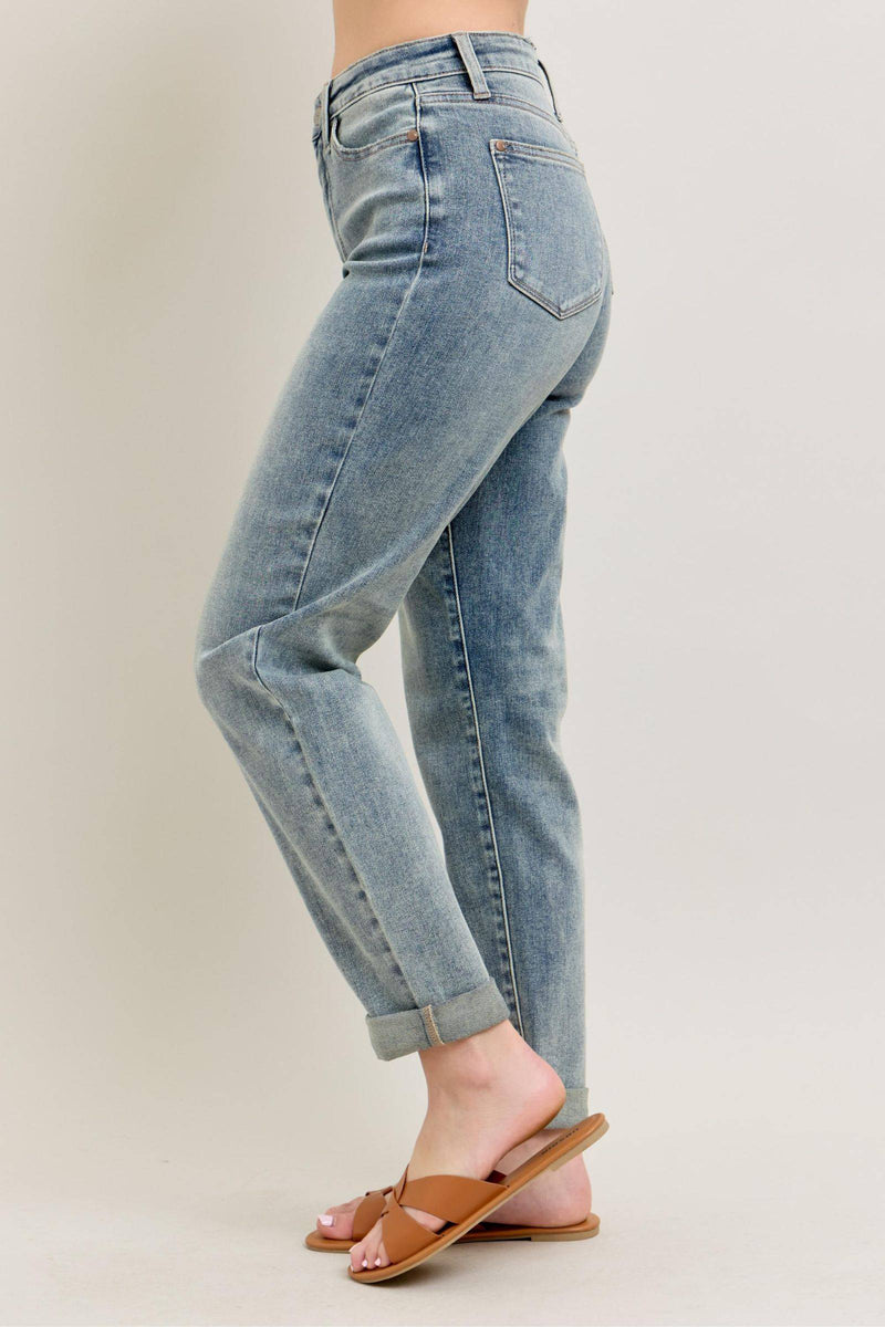 Judy Blue High Waist Vintage Wash Double Roll Cuff Boyfriend Denim Jeans 88927