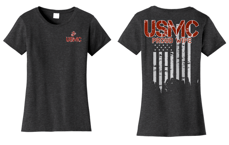 Rustic Proud Marine Wife USMC Ladies Tee V2 - Dark Heather