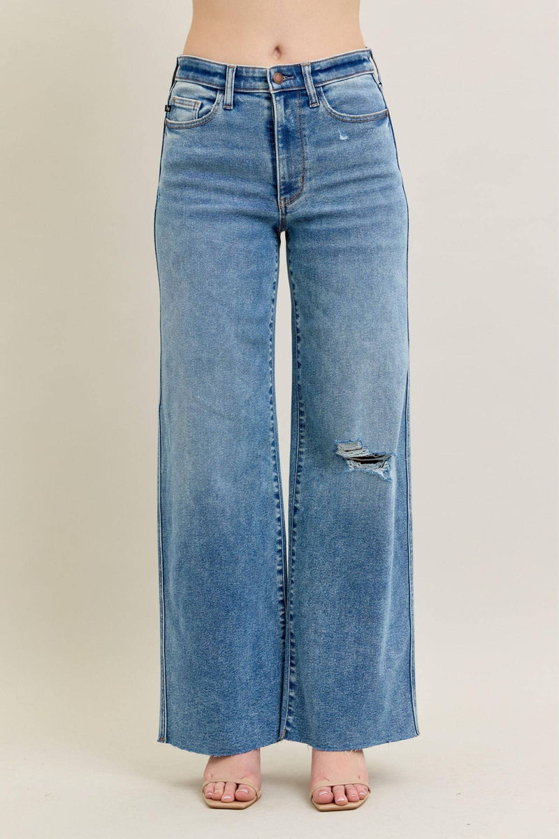 Judy Blue High Waist Vintage Wash Destroy Wide Leg Denim Jeans 8608