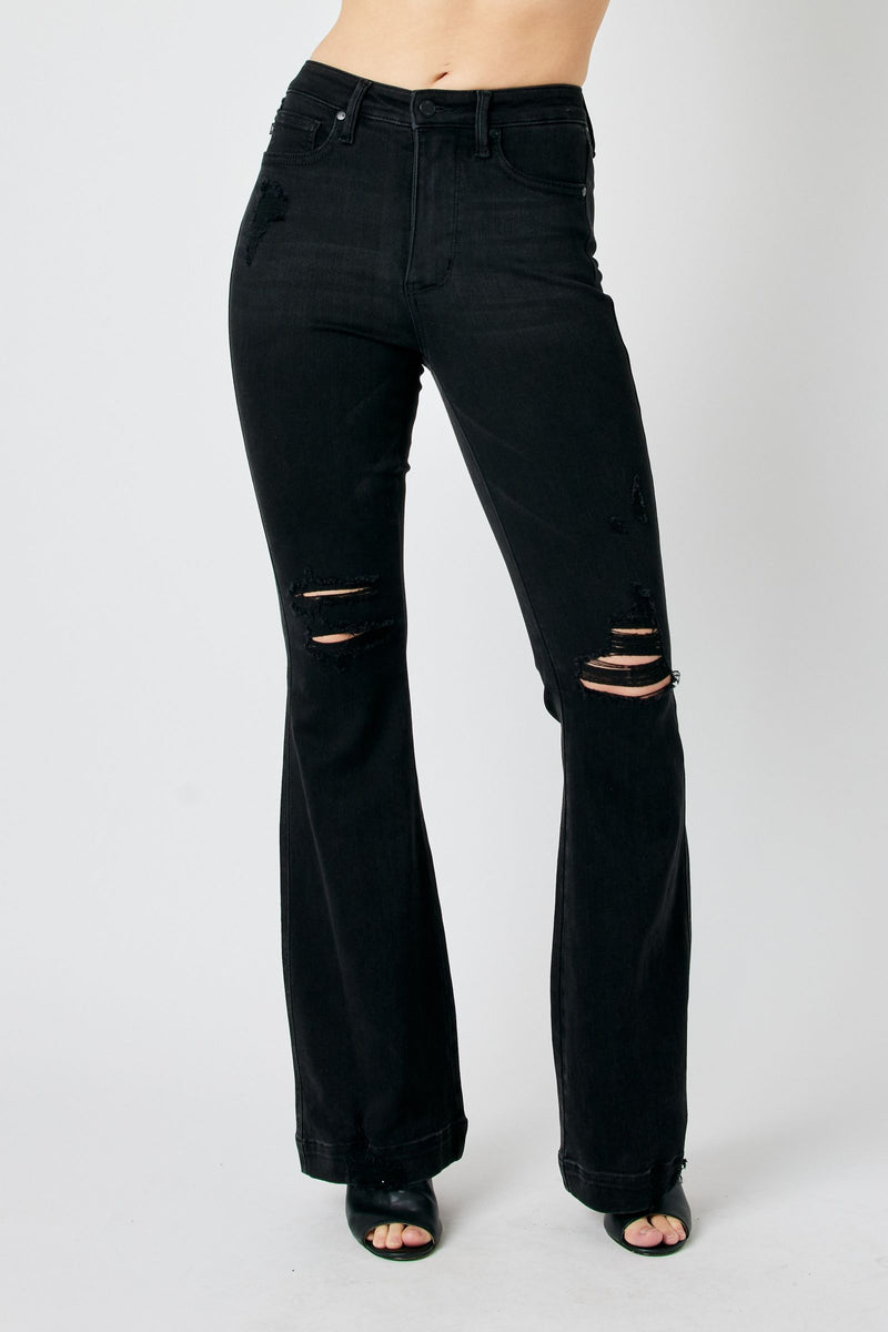 Judy Blue High Waist Tummy Control Destroy Flare Black Denim Jeans 88622