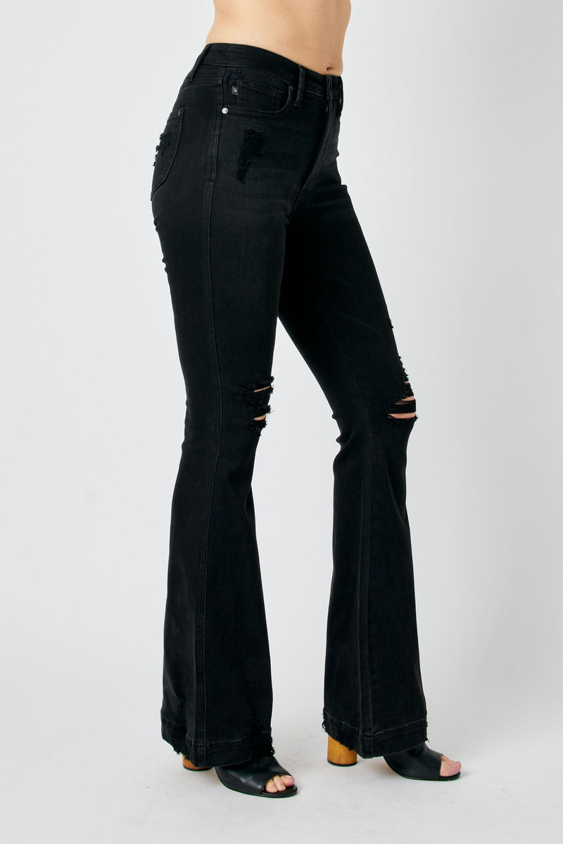 Judy Blue High Waist Tummy Control Destroy Flare Black Denim Jeans 88622