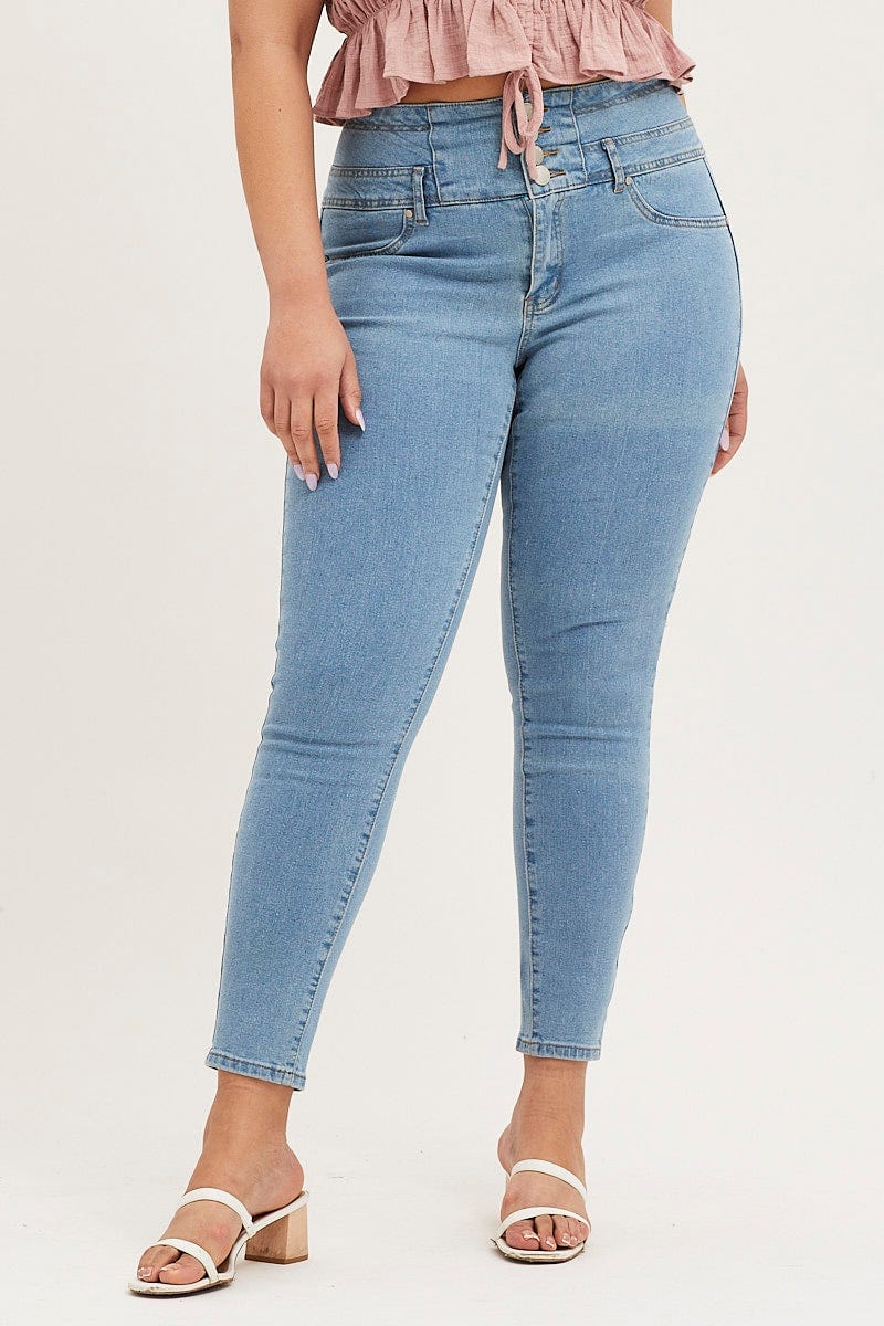 Steel Blue High Rise Acid Wash 4 Buttons Skinny Denim Jean