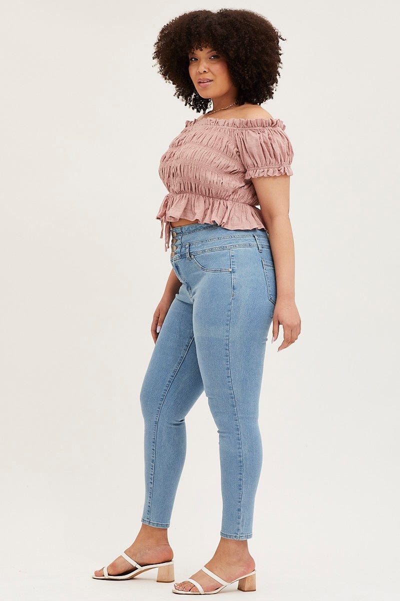 Steel Blue High Rise Acid Wash 4 Buttons Skinny Denim Jean