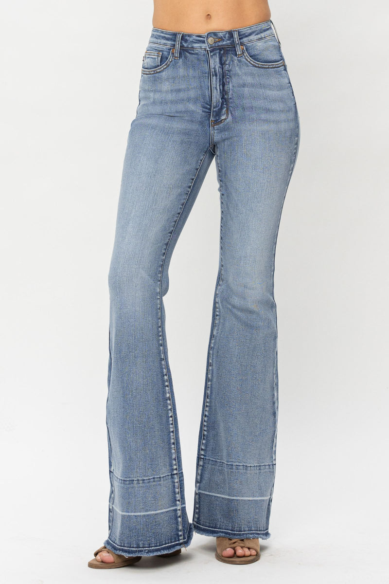 Judy Blue High Waist Contrast Tummy Control Release Hem Flare Denim Jeans 88486