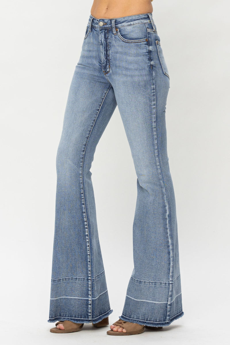 Judy Blue High Waist Contrast Tummy Control Release Hem Flare Denim Jeans 88486