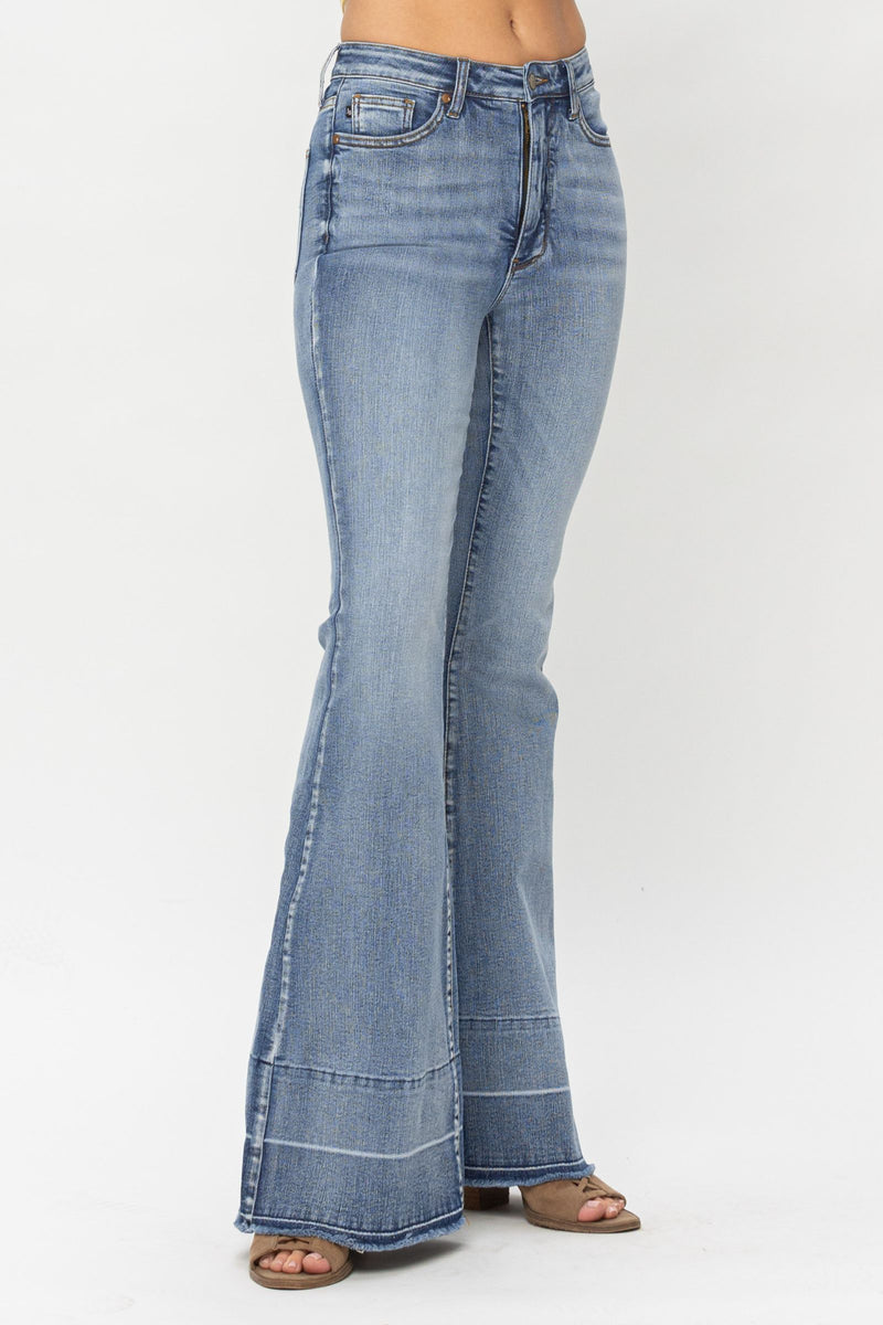 Judy Blue High Waist Contrast Tummy Control Release Hem Flare Denim Jeans 88486