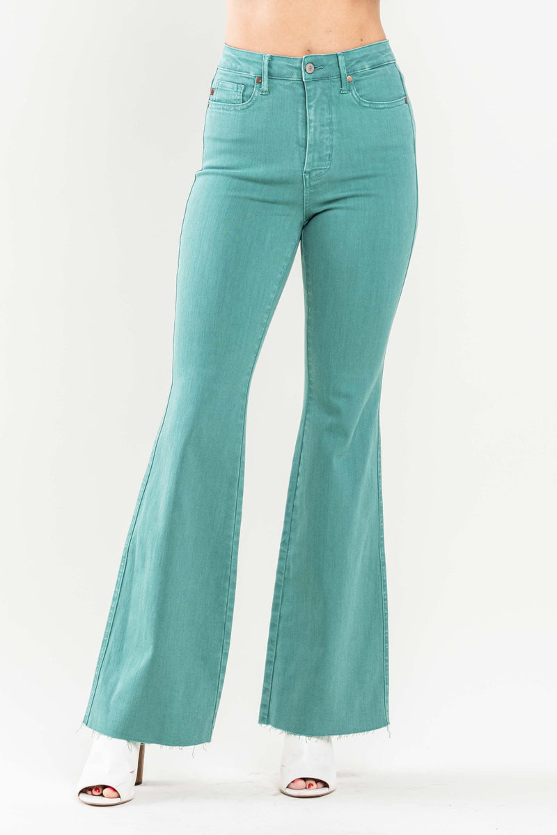 Judy Blue High Waist Tummy Control Garment Dyed Teal Flare Denim Jeans 88804