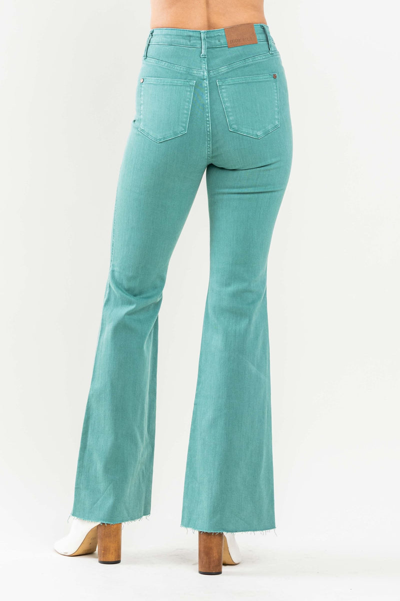 Judy Blue High Waist Tummy Control Garment Dyed Teal Flare Denim Jeans 88804