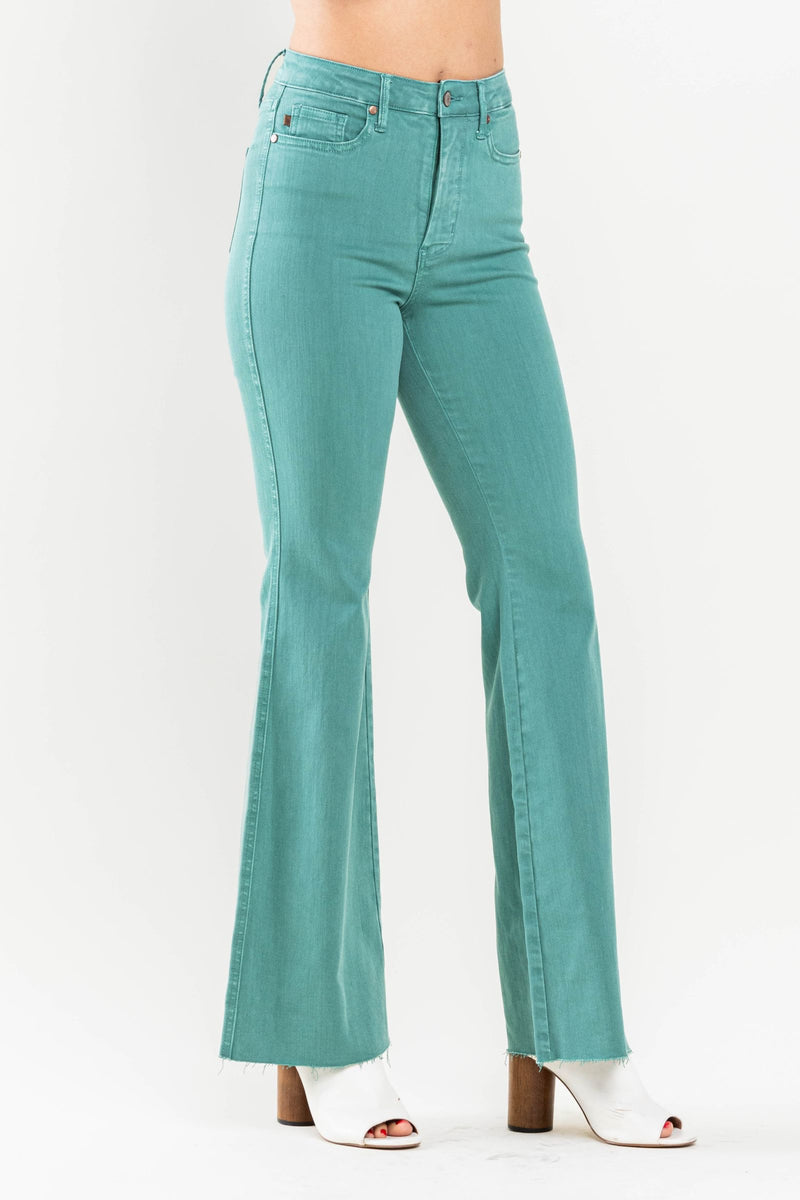 Judy Blue High Waist Tummy Control Garment Dyed Teal Flare Denim Jeans 88804