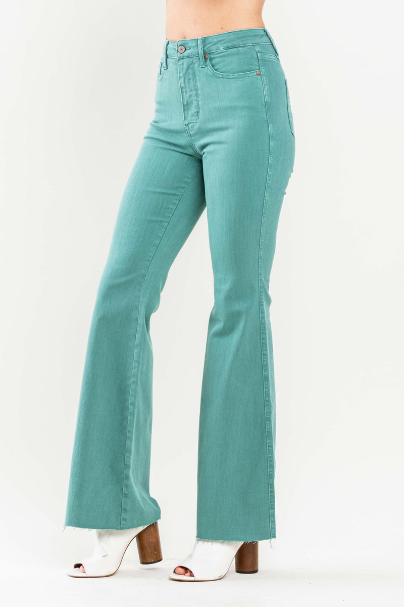 Judy Blue High Waist Tummy Control Garment Dyed Teal Flare Denim Jeans 88804