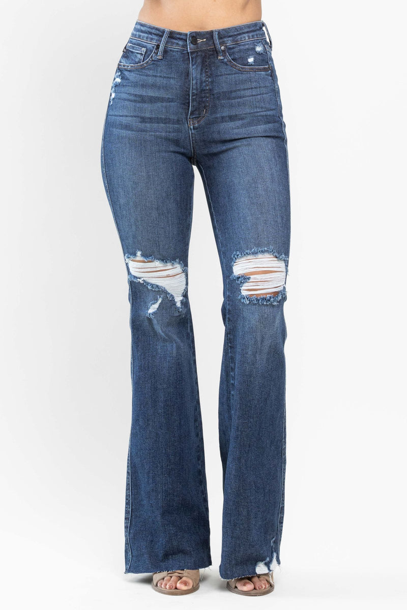 Judy Blue High Waist Tummy Control Knee Destroy Raw Hem Flare Denim Jeans 88739
