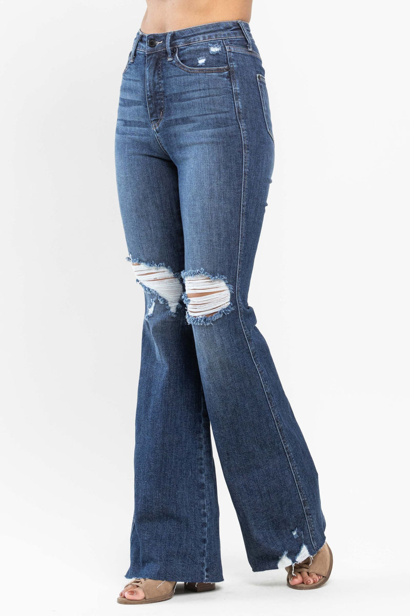 Judy Blue High Waist Tummy Control Knee Destroy Raw Hem Flare Denim Jeans 88739