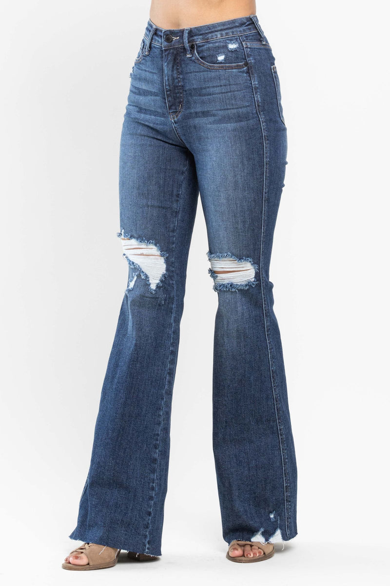 Judy Blue High Waist Tummy Control Knee Destroy Raw Hem Flare Denim Jeans 88739