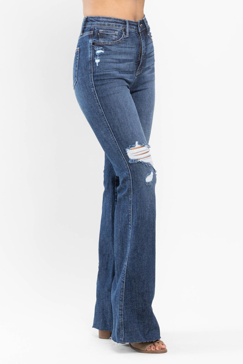 Judy Blue High Waist Tummy Control Knee Destroy Raw Hem Flare Denim Jeans 88739