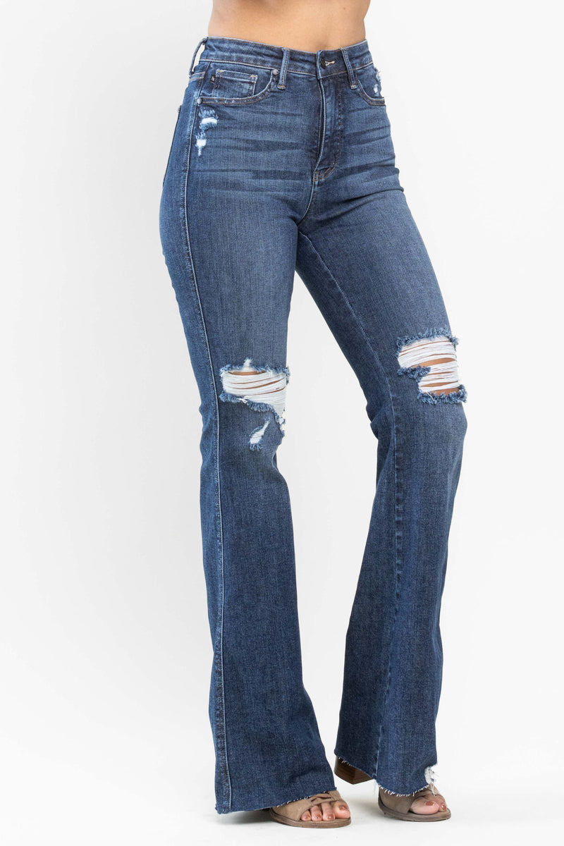 Judy Blue High Waist Tummy Control Knee Destroy Raw Hem Flare Denim Jeans 88739
