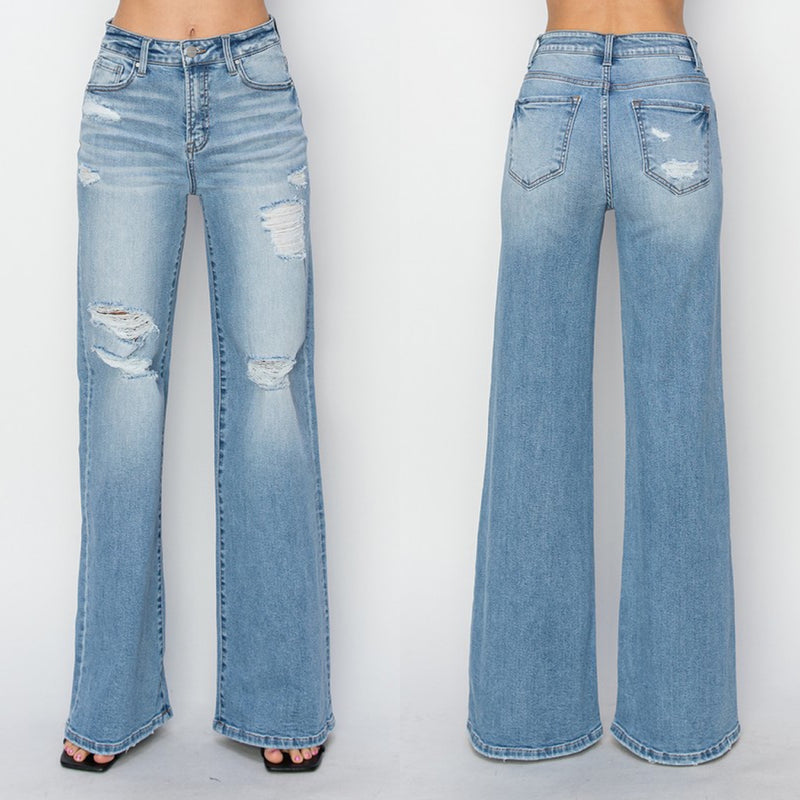 Broken Rules Risen Distressed High Rise Wide Leg Denim
