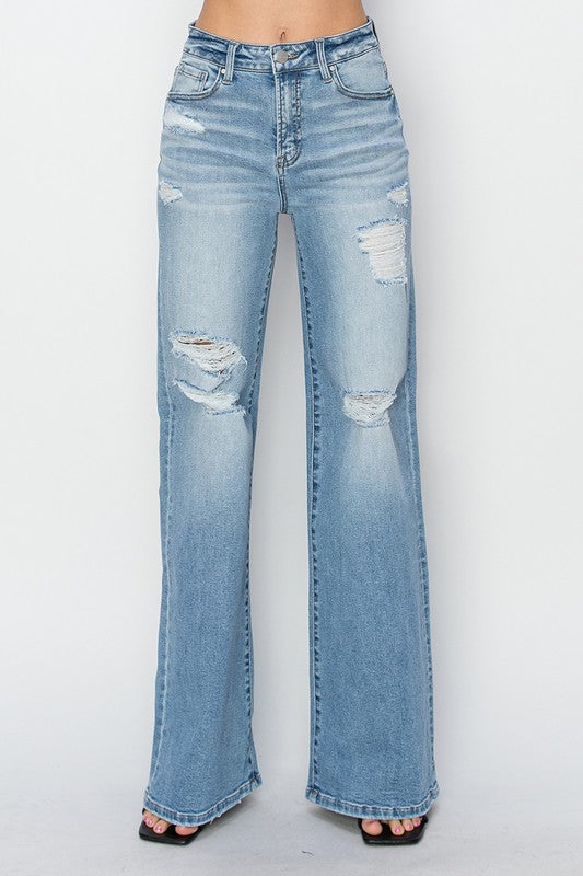 Broken Rules Risen Distressed High Rise Wide Leg Denim
