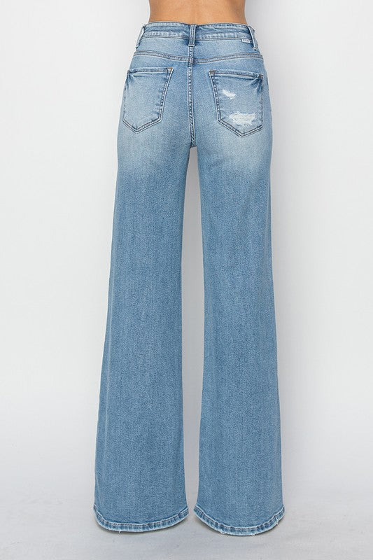 Broken Rules Risen Distressed High Rise Wide Leg Denim