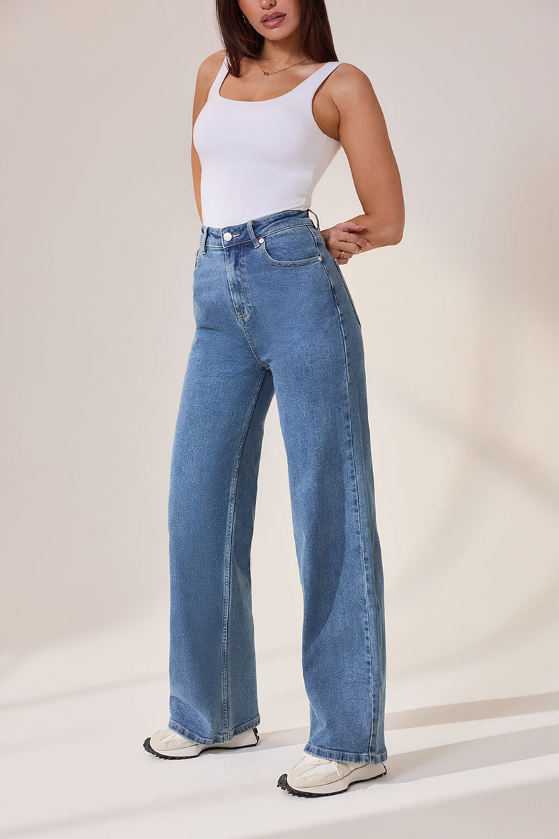 Wide Leg Jeans - Mid Blue